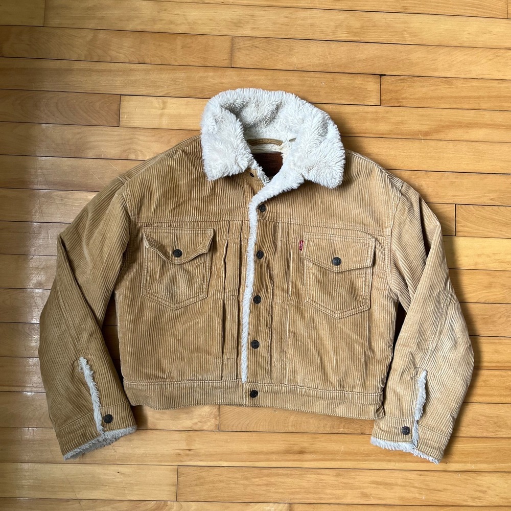 Levis Premium Tan Corduroy Sherpa Lined Trucker Jacket Cropped Camel Mens Small